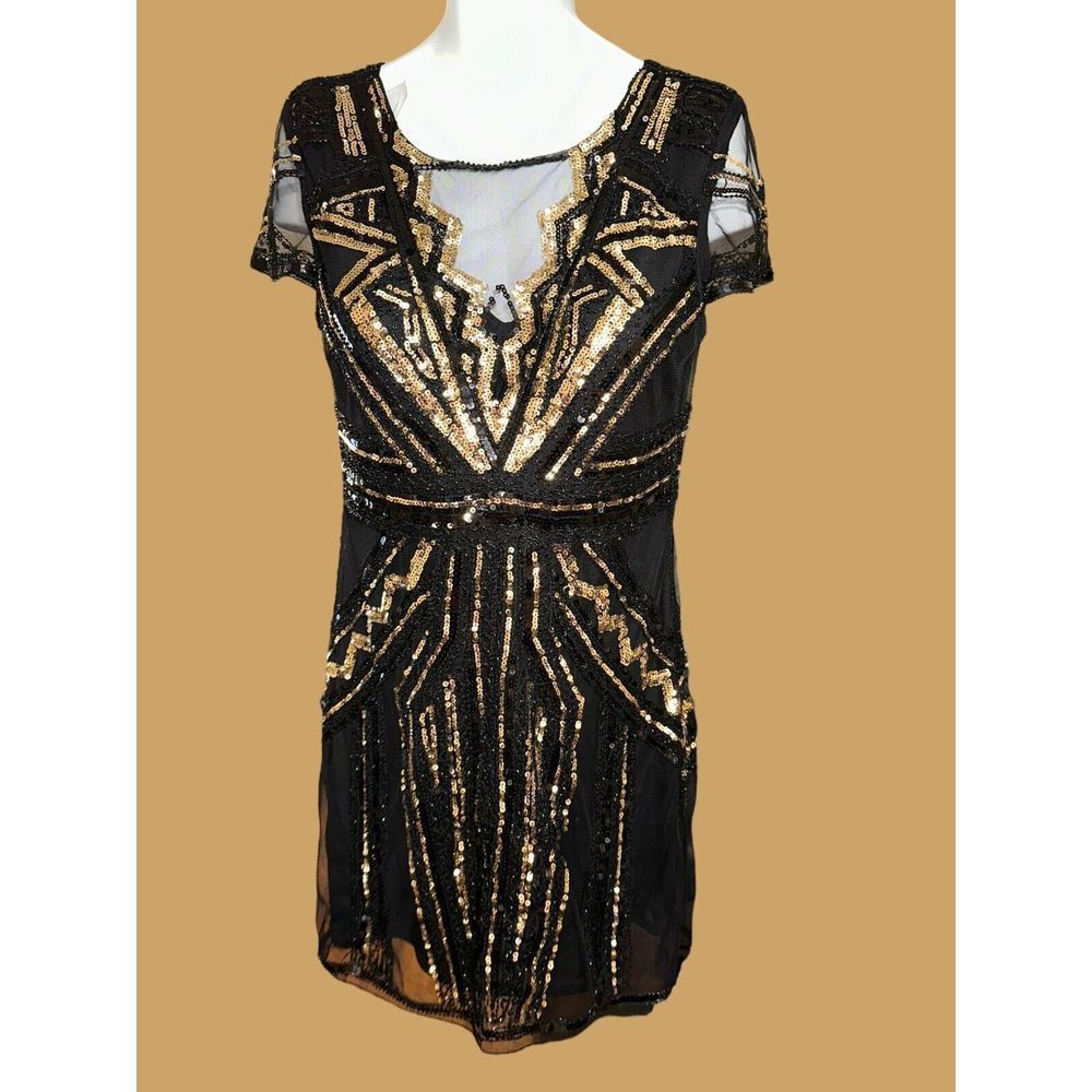 VIJIV 1920s Style V Neck Inspired Sequins Cocktail Flapper Dress Black Gold XL